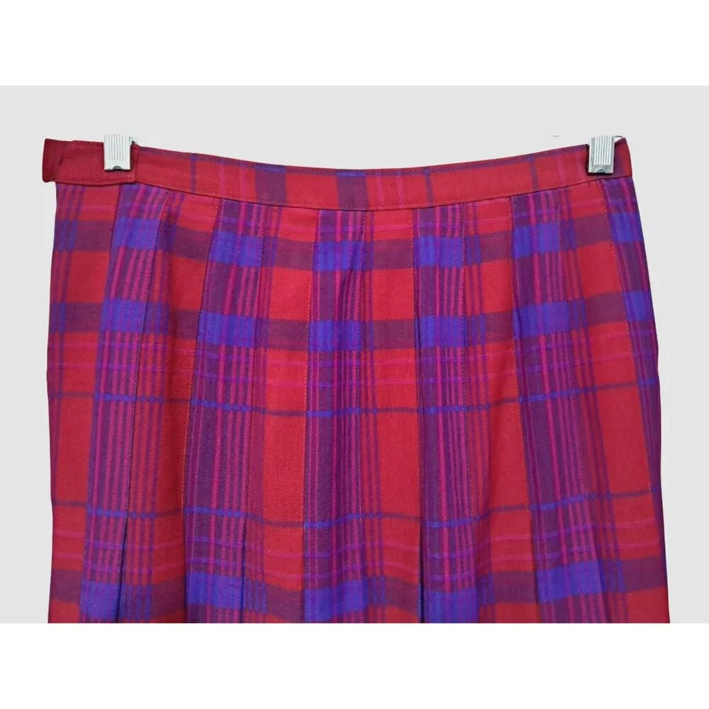 Pendleton Pleated Skirt Womens 6 / 8 Vintage Red Purple Plaid Wool Midi Made USA
